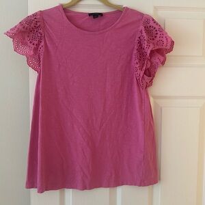 J.Crew pink knit t-shirt with embroidered sleeves.